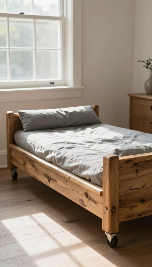 A reclaimed wood dog bed with wheels in a bright living room, featuring a plush cushion and rustic charm.