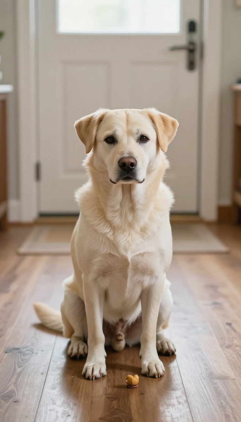Dog sitting calmly with a treat on its paw near an open door, illustrating impulse control training.