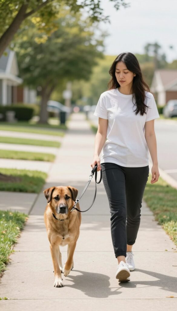 Person walking a dog on a short leash, demonstrating better control during a walk.