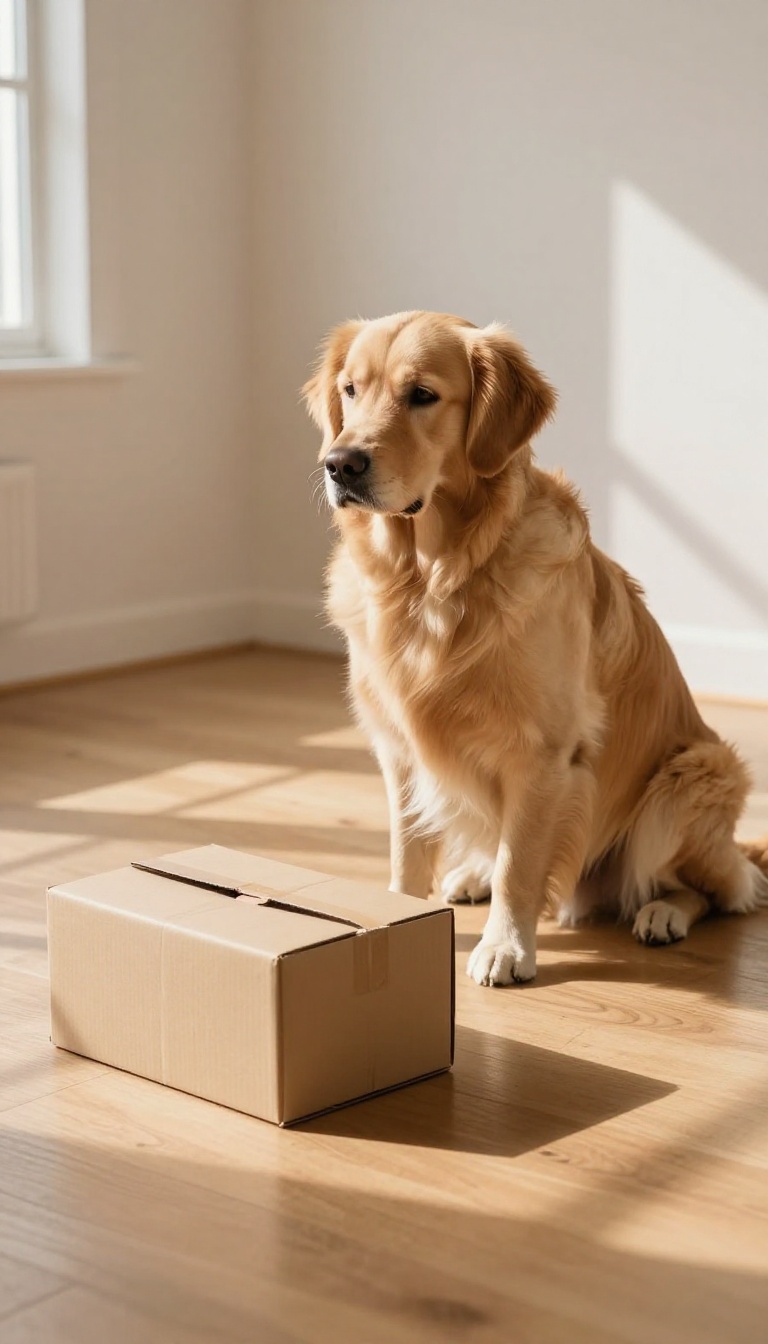 Dog sitting patiently next to a closed box with a treat inside, illustrating impulse control training.
