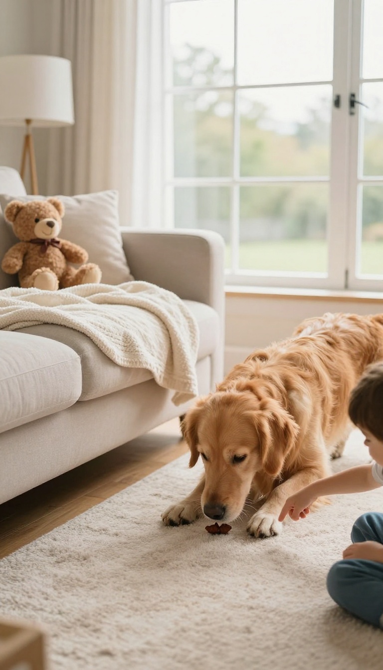 A child pointing to a treat on the floor while a dog sniffs it in a bright living room