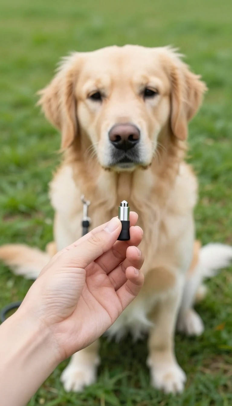 Hand holding a clicker next to a calm dog on a leash during heel training