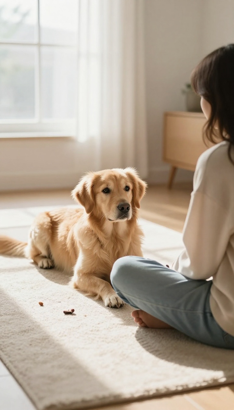 A shy dog cautiously approaching a person sitting on the floor, with treats nearby, in a bright, cozy room.