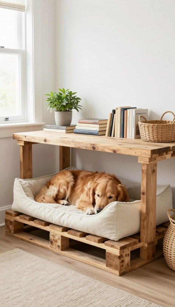 Rustic pallet table with built-in dog bed and storage in a bright farmhouse living room