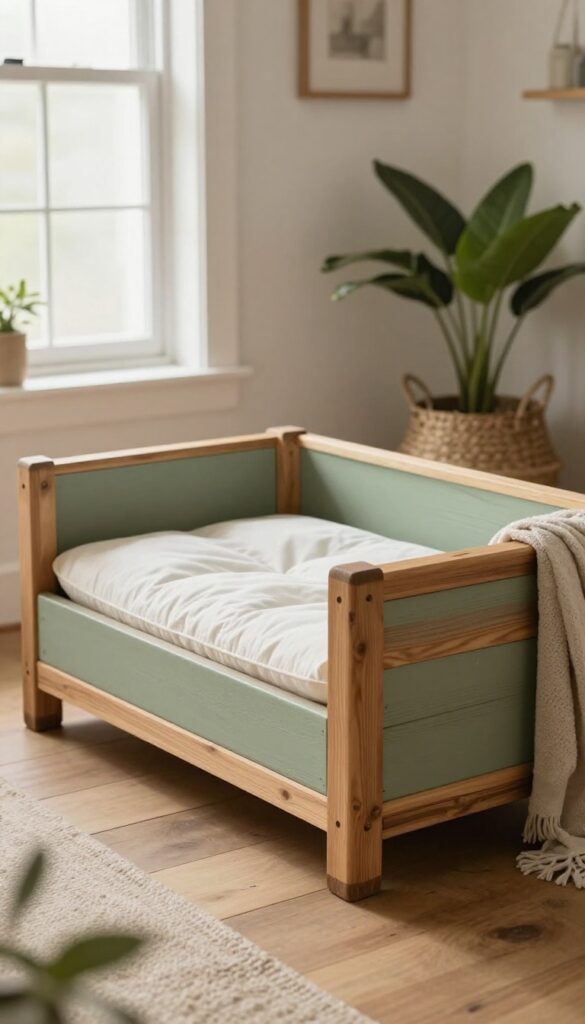 A repurposed wooden crate dog bed in a farmhouse-style living room, with a soft cushion and rustic decor, bathed in natural light.