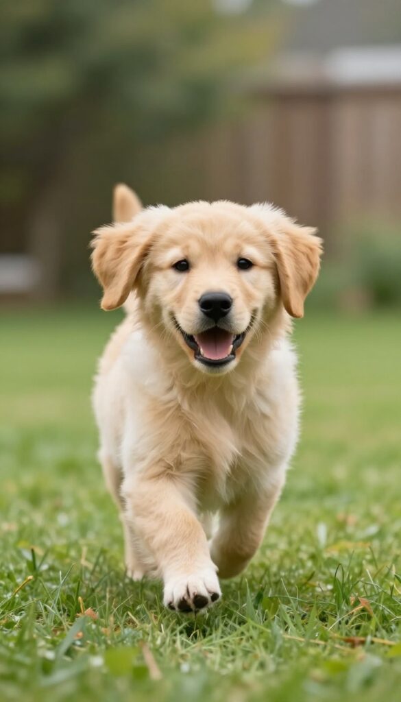 Golden retriever puppy running towards camera in a sunny backyard, representing reliable recall training.
