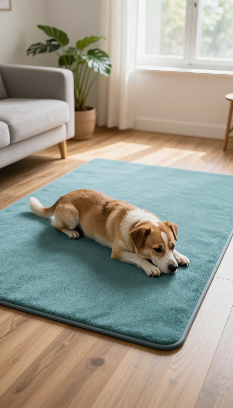 Dog resting on a comfortable mat in a bright, cozy living room