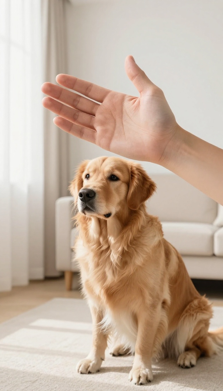 Person's hand sweeping upward while a dog sits, demonstrating the hand signal for sit.