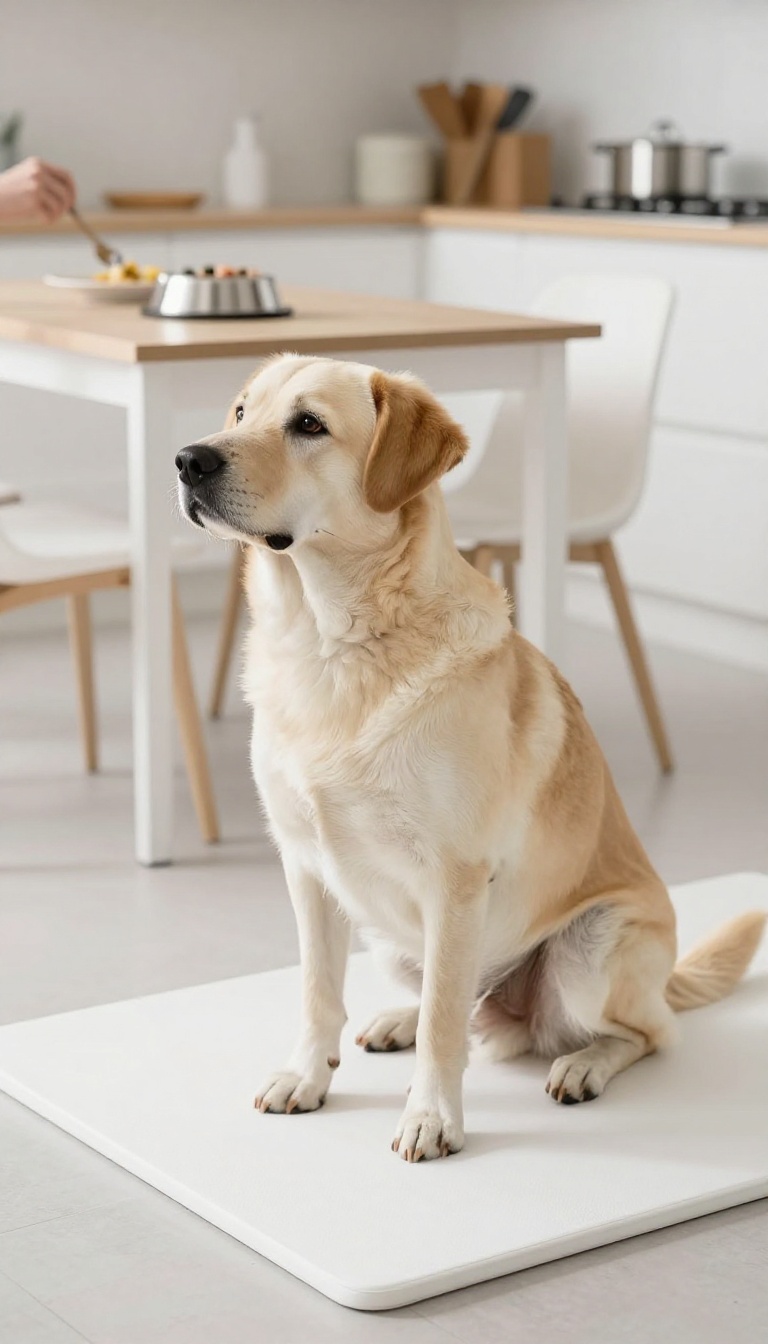 A content dog sitting on a mat away from the dining table, with a food bowl nearby, while a person eats in the background.