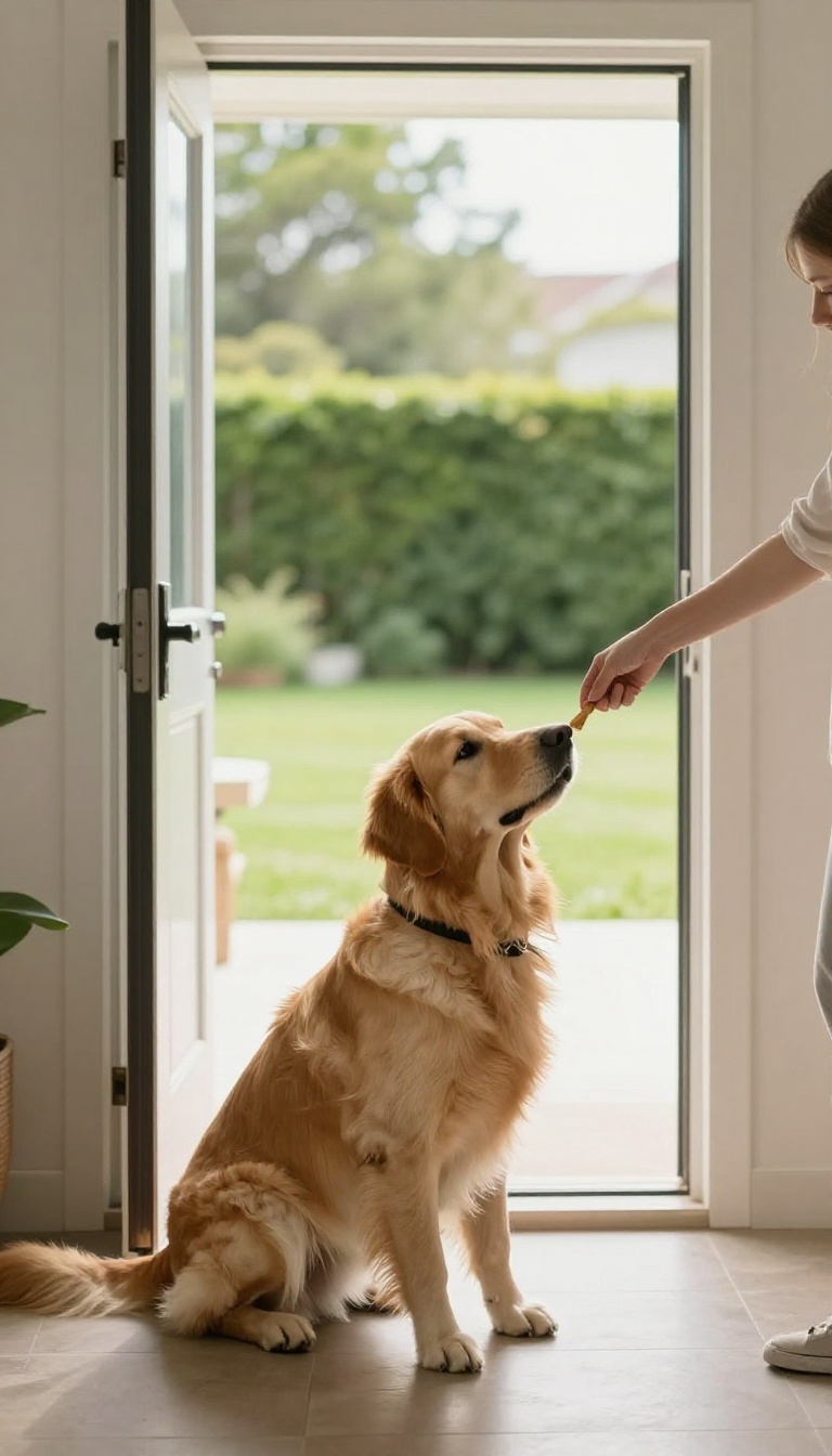 A golden retriever sitting calmly at an open doorway, looking at its owner, practicing the leave it command.