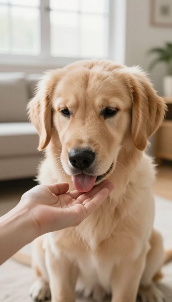 Person rewarding a puppy with a treat for gentle behavior during training