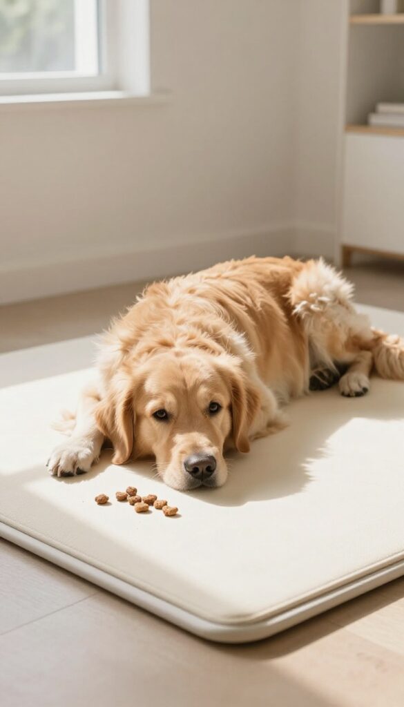 A calm golden retriever lying on a mat, looking attentively, with treats nearby in a bright living room.