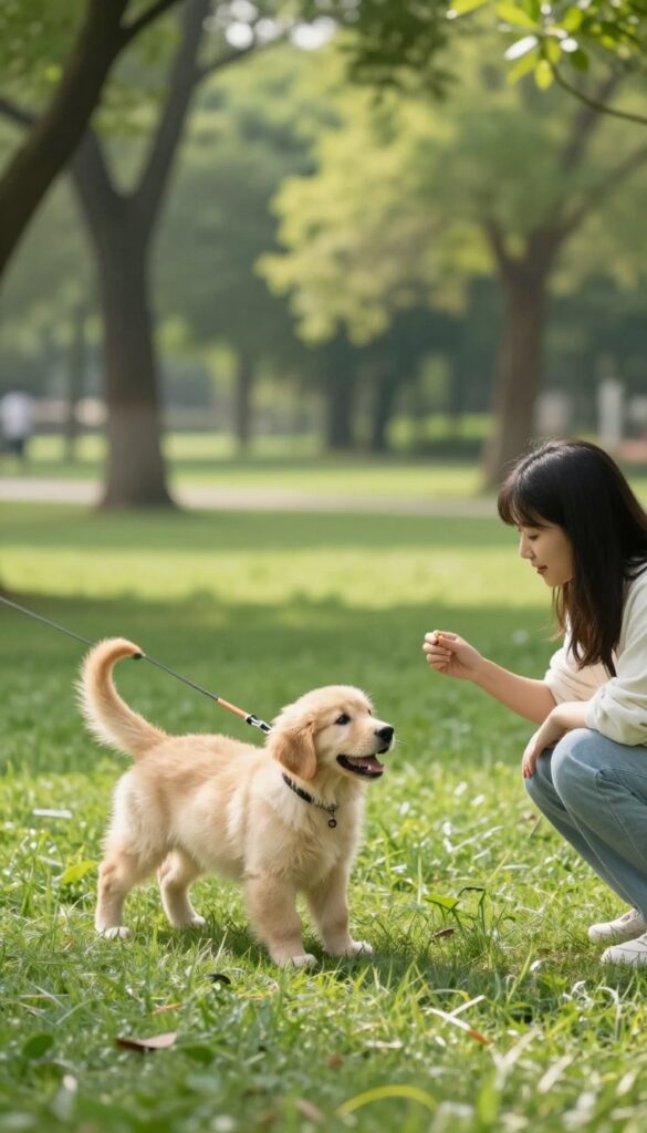 Person practicing recall with a puppy on a long leash in a sunny park