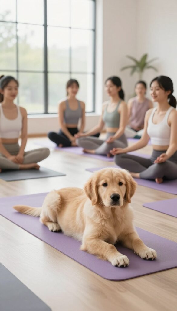 A puppy participating in a puppy yoga class with people in a bright studio
