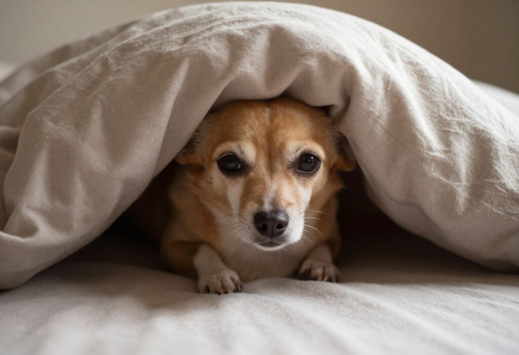 Shy dog peeking from behind a blanket in a cozy corner