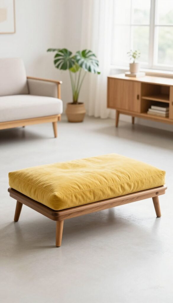Mid-century modern dog bed with tapered legs and mustard cushion in a bright living room