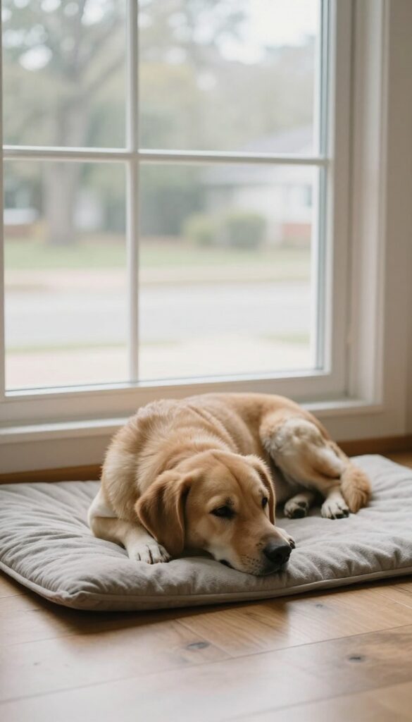 A calm dog resting on a mat by a window with a peaceful view, illustrating the 'Mat with a View' training game.