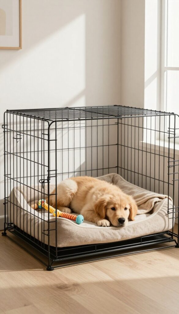 A cozy dog crate with a comfortable bed and toys, a golden retriever puppy relaxing inside, bright natural light