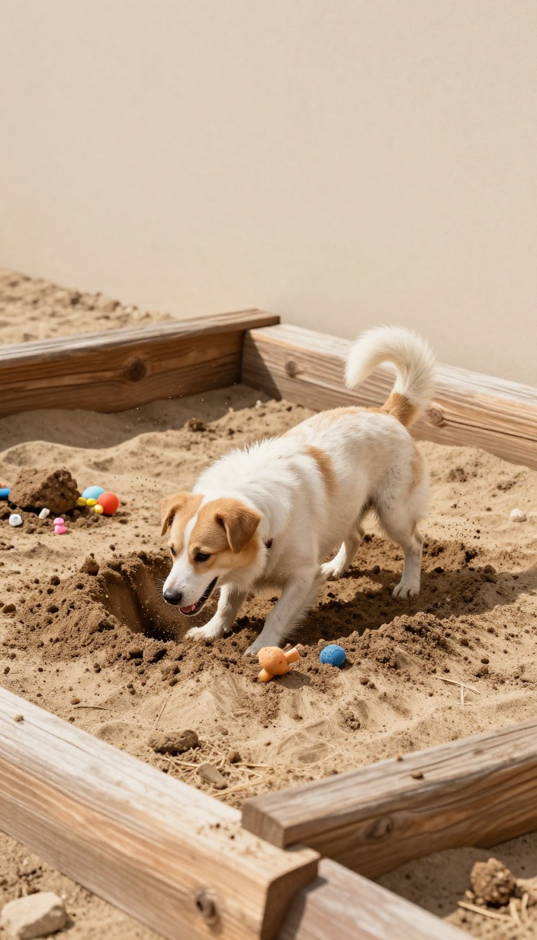 A dog happily digging in a designated sand pit in a backyard