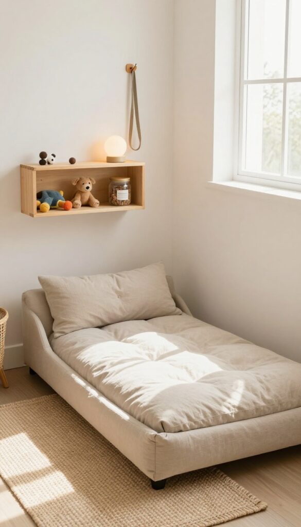 A cozy dog bed area in a converted alcove with a plush bed, toys, and warm lighting