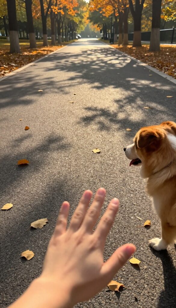 Hand testing pavement temperature with a dog's paw nearby on a sunny autumn path.
