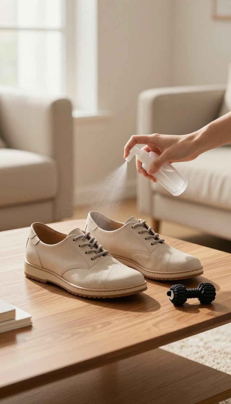 A hand spraying bitter deterrent on shoes near a coffee table with a dog toy