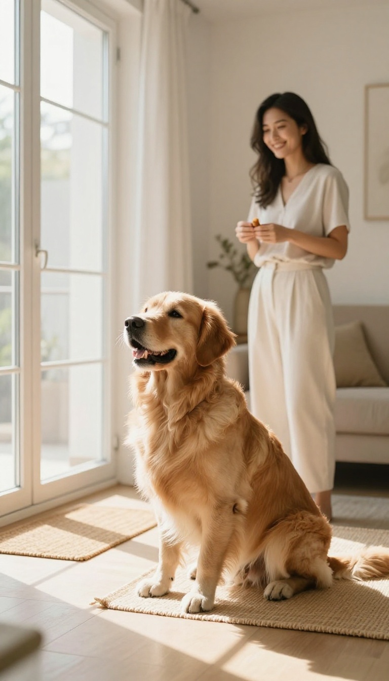 Dog sitting calmly on a mat near the door as a woman rewards it with a treat
