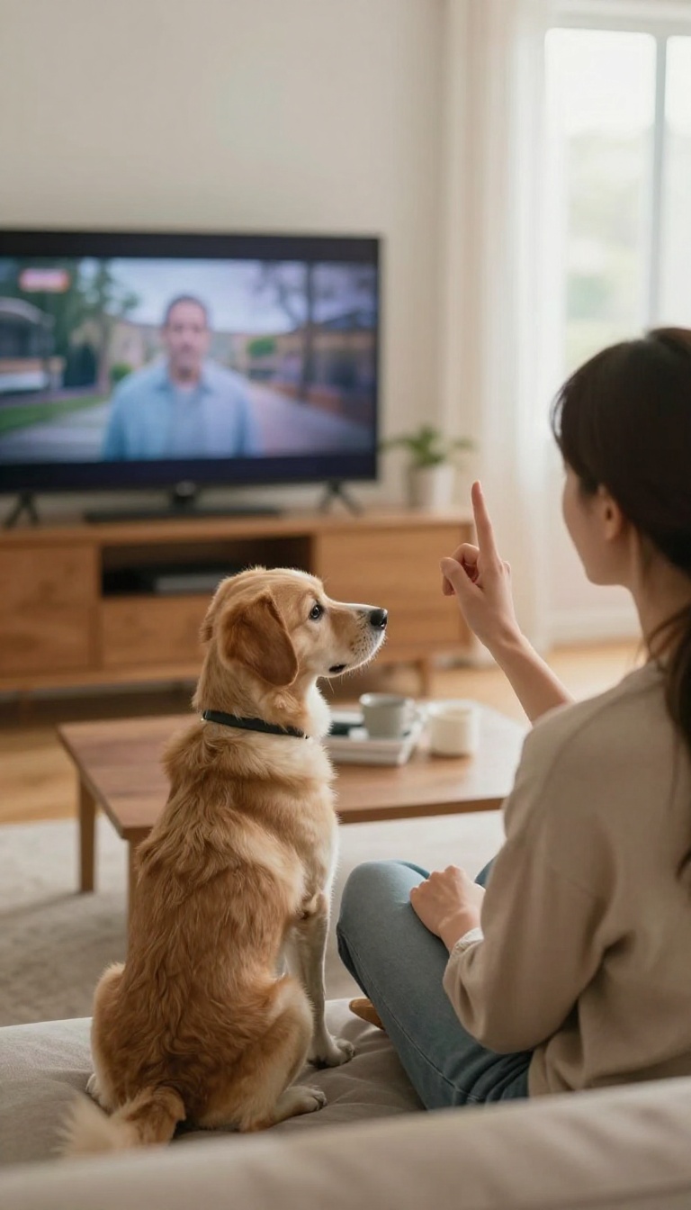 Owner training dog to sit during a TV commercial break in a bright living room