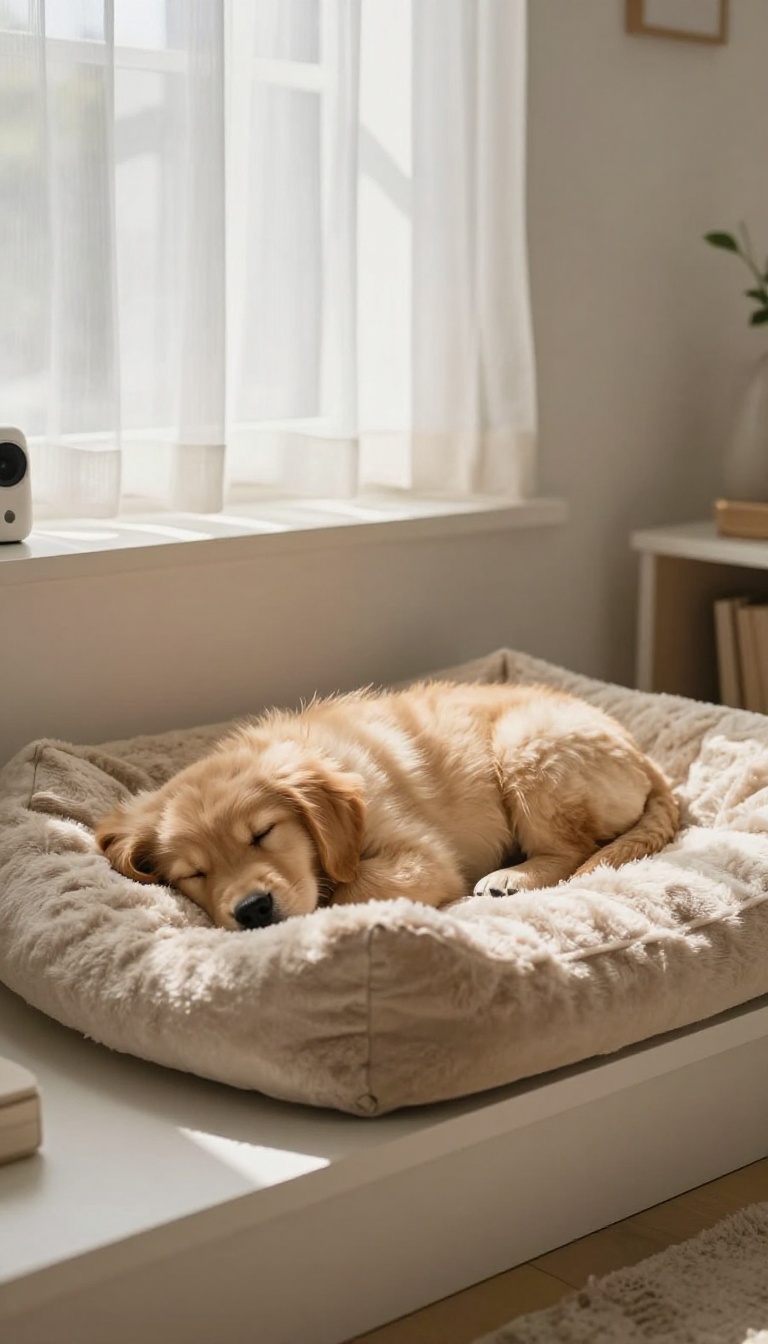 A webcam mounted on a shelf overlooking a sleeping puppy in a bright, cozy room