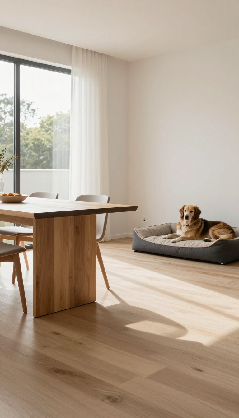 A calm dog lying on a bed in a bright dining room during dinner time