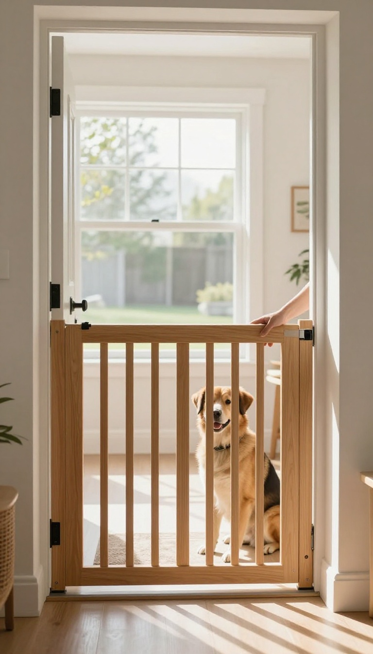 A dog sitting calmly behind a baby gate as a guest reaches through to greet it
