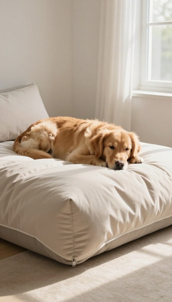 A golden retriever resting on a washable memory foam dog bed pillow in a bright, cozy living room