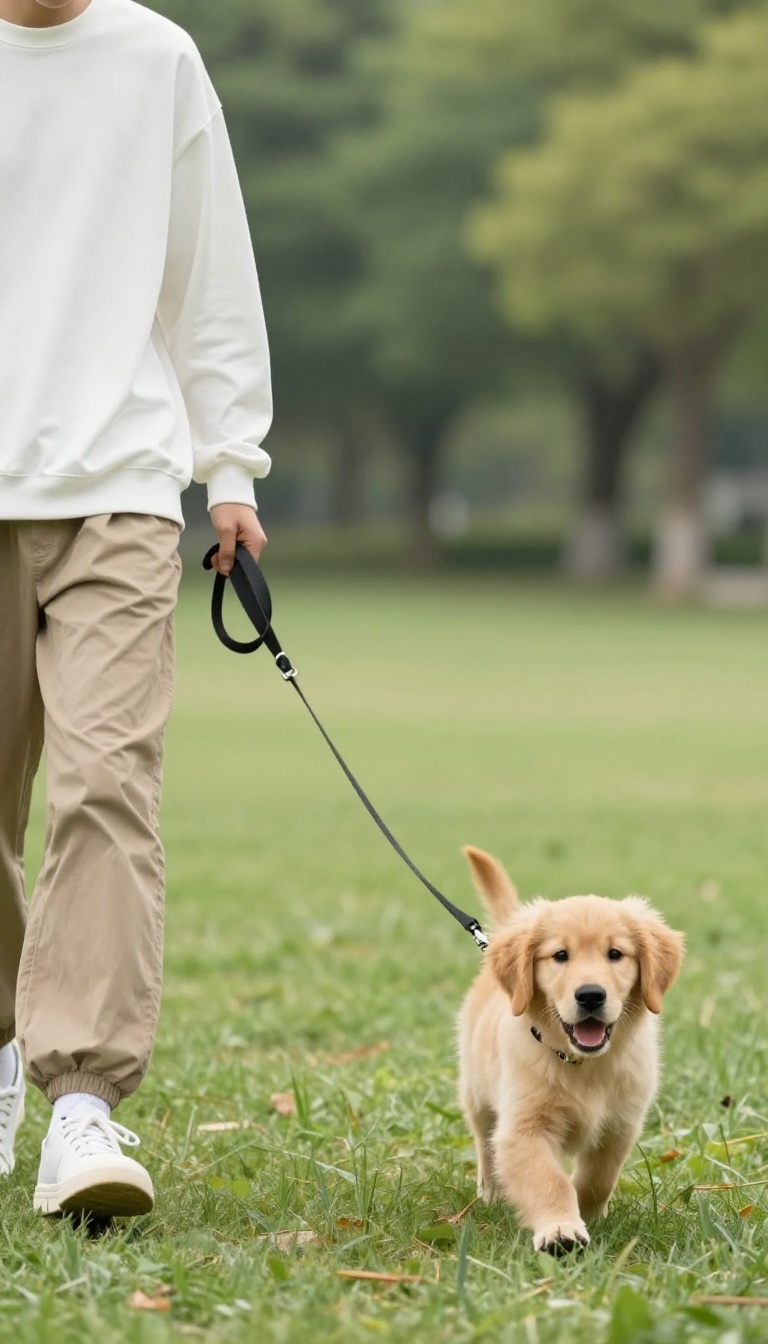Person calmly redirecting a puppy with a treat during a walk in a sunny park