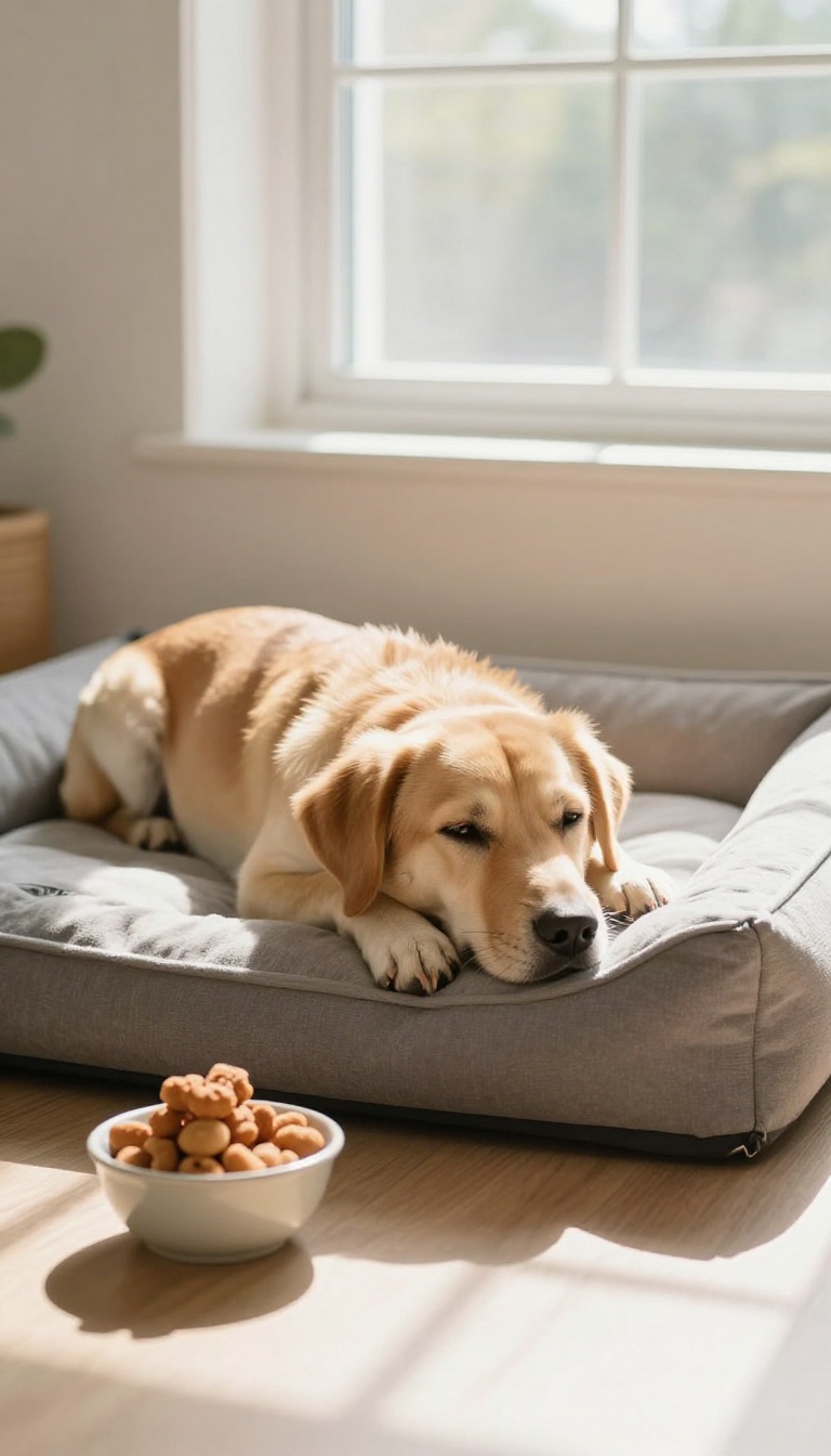 A calm dog resting on a bed in a sunlit room with a treat bowl nearby, illustrating rewarding calm behavior.
