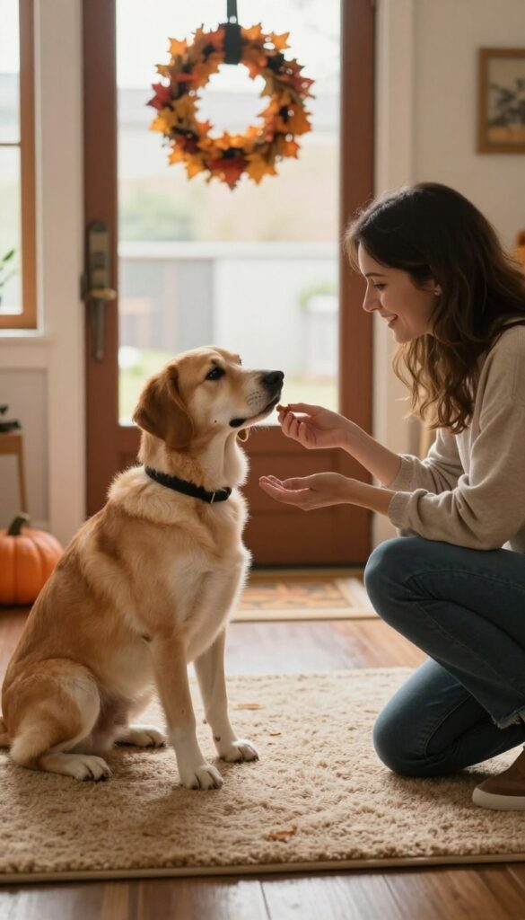 A dog sits calmly by the door while its owner rewards it with a treat, illustrating positive reinforcement for peaceful behavior.
