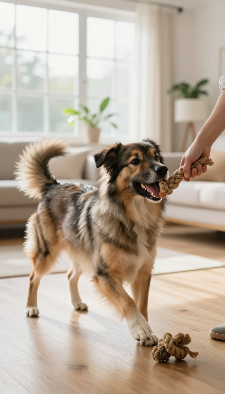 A dog playing tug-of-war with a rope toy in a bright living room, demonstrating a training game.