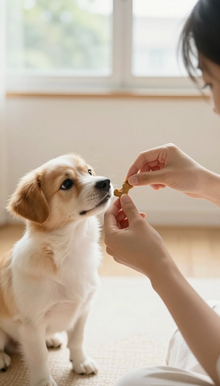 Person using consistent tone and body language to train a dog in a bright living room.