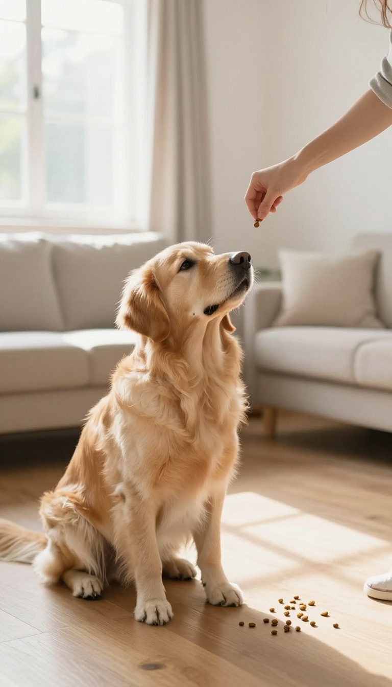 Dog training drill: dog waits patiently while kibble is scattered on the floor, owner's hand signals stay