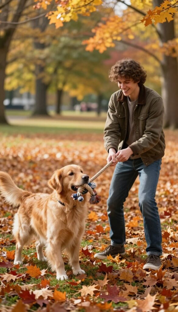 Person playing tug-of-war with a golden retriever in an autumn park