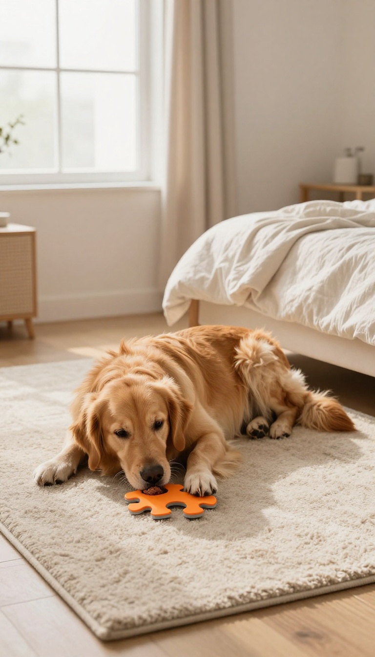 Dog engaging with a puzzle toy on a bedroom floor at bedtime to ease separation anxiety.