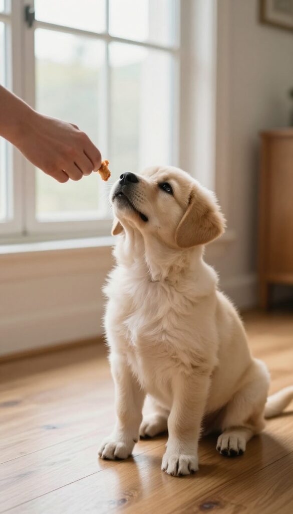 Puppy sitting and looking at a treat held by a hand, with natural light in a cozy room