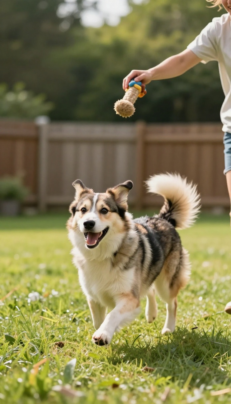 A dog chasing its owner in a sunny backyard during a recall training game.