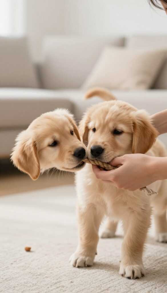 Person playing tug-of-war with a golden retriever puppy, teaching drop it with a treat nearby.