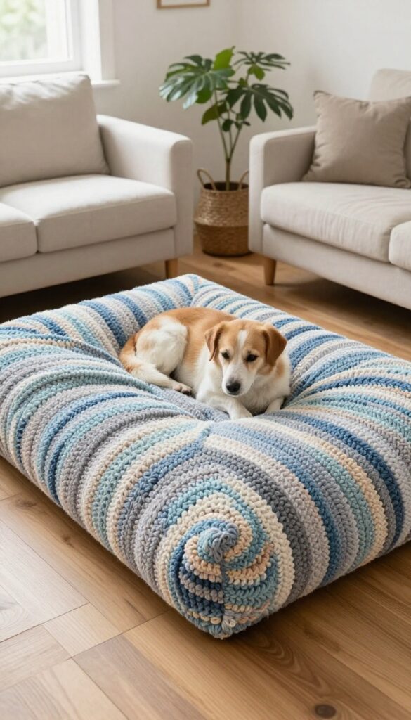A chunky crochet dog bed made from upcycled t-shirt yarn in a cozy, sunlit living room