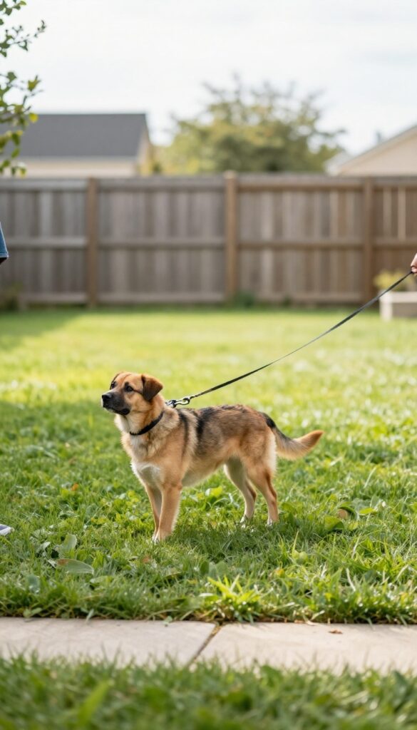 Person practicing loose-leash walking with a dog in a quiet backyard, leash slack, dog attentive, bright natural light, no distractions.