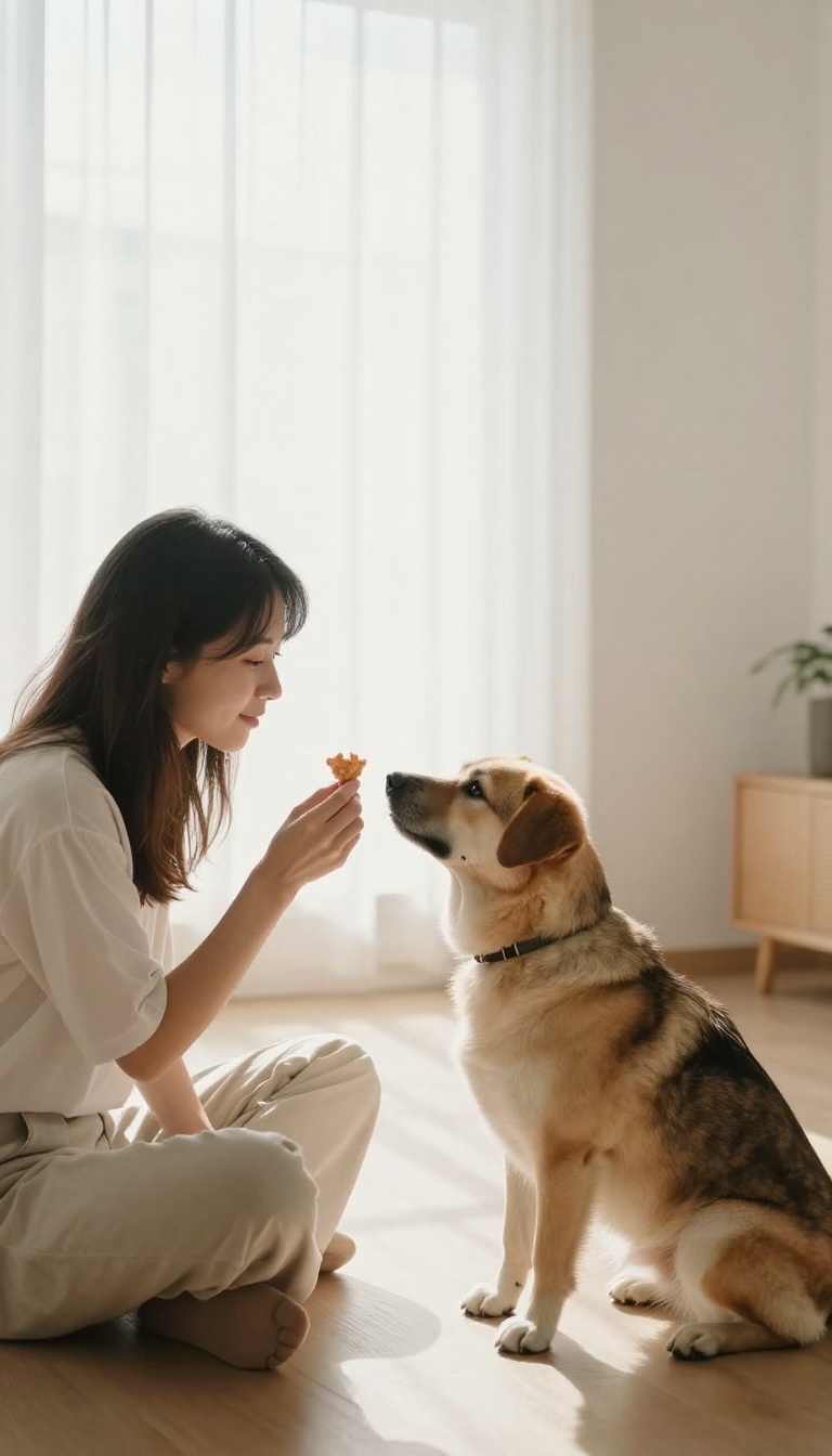Person practicing the 'look at me' game with a dog indoors, holding a treat near their face, dog making eye contact.