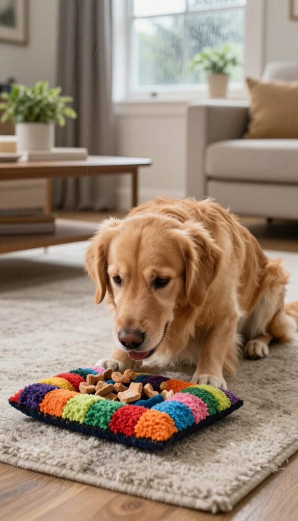 A dog using a DIY snuffle mat on a rainy day indoors