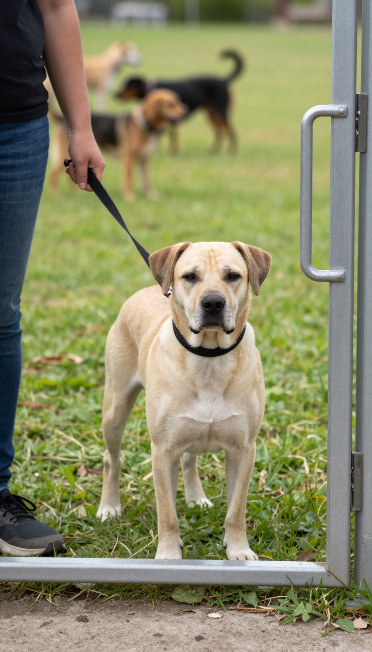 A dog calmly entering a dog park gate with other dogs playing in the background.