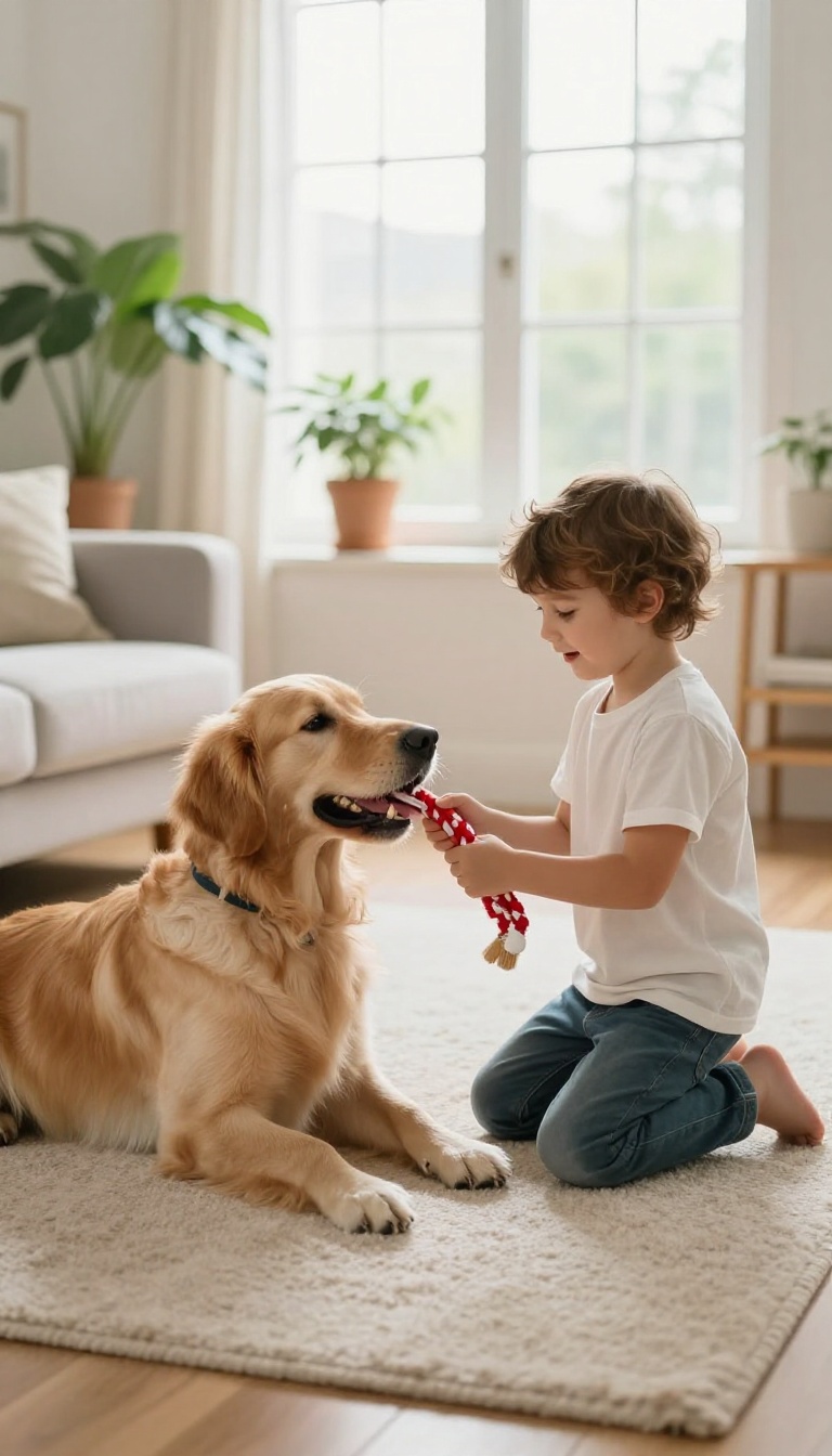 Child and dog playing tug-of-war with a rope toy in a bright living room.