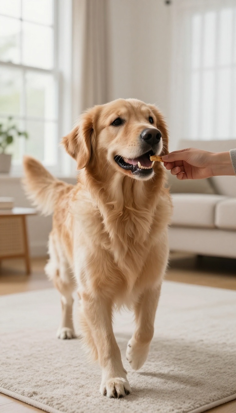 Dog spinning in a bright living room during an indoor training session